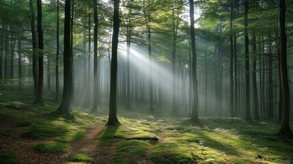Obraz premium Sunbeams Illuminate A Misty Green Forest Path