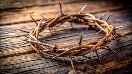 A Crown of Thorns Resting on a Weathered Wooden Surface, A Symbol of Sacrifice and Pain