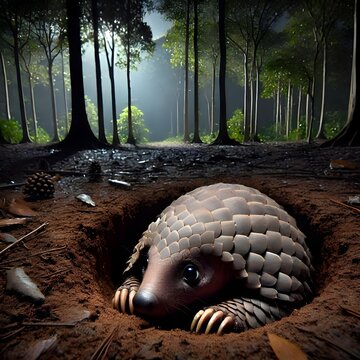 a very scared pangolin, hiding under the ground looking at the very dark situation at night, background in a quiet forest of trees