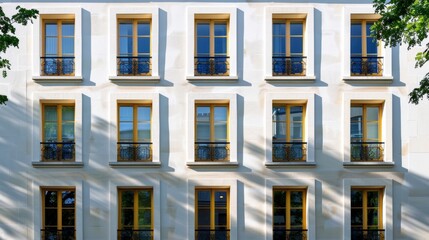 Fototapeta premium Parisian architecture, modern minimalist facade, full wall with windows and doors, sunny afternoon, tranquil atmosphere, no people present.
