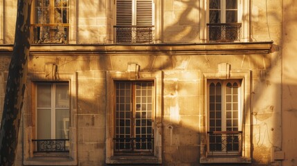 Fototapeta premium Parisian building facade, minimalist architecture, facing a wall with windows and doors, sunny afternoon light, peaceful urban setting, no people visible.