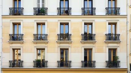 Obraz premium Parisian architecture, modern minimalist facade, full wall with windows and doors, sunny afternoon, tranquil atmosphere, no people present.