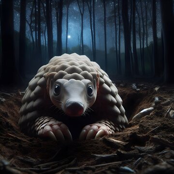 a very scared pangolin, hiding under the ground looking at the very dark situation at night, background in a quiet forest of trees