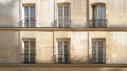 Fototapeta premium Parisian building facade, minimalist architecture, facing a wall with windows and doors, sunny afternoon light, serene urban scene, no people visible.