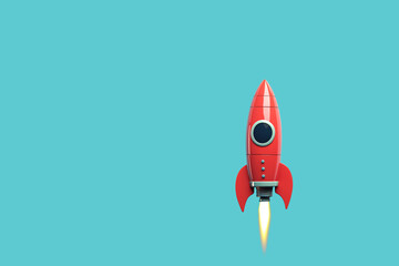 Launch of a red rocket as icon isolated on clear blue background, made of precious metal. Successful start concept.