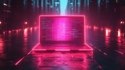 Futuristic laptop illuminated with neon lights in a digital city backdrop at night