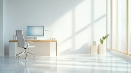 Fototapeta premium A bright, minimalistic office space featuring a desk, computer, and a plant, illuminated by natural light streaming through large windows.