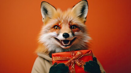 Obraz premium fox with a gift in hand. beautifully packaged box. huge smile. in a tracksuit. on a plain bright festive background. piercing tinsel. 