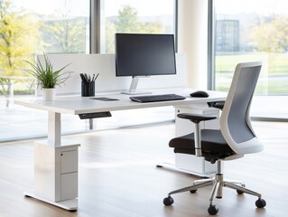 Fototapeta premium A modern workspace featuring a sleek desk, ergonomic chair, computer, and greenery, illuminated by natural light from large windows.