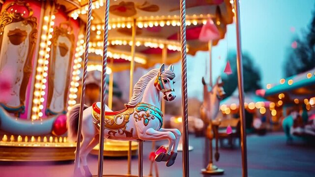 A carousel horse glows in soft pink and blue light.