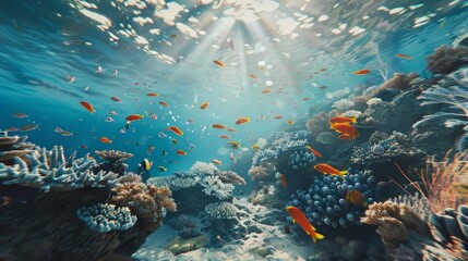 Naklejka premium A beautiful view of the seabed during the day, with lots of coral and sea animals swimming, depicting a peaceful atmosphere.