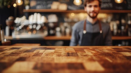 Wooden Countertop In A Busy Coffee Shop