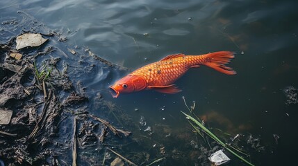 Vibrant Goldfish Swimming in Murky Water among Water Plants