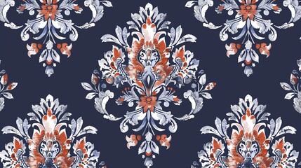 Damask seamless on navy blue background vector illustration.Ikat floral embroidery traditional.Aztec style,baroque,hand drawn pattern.design for texture,fabric,clothing,wrapping,decoration,print,scarf