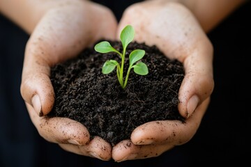 Hands cradling soil with growing sprout, representing growth and connection to nature