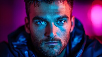 A Young Mans Face Lit With Blue And Pink Light