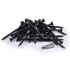 Pile of Black Coated Wood Screws with Cross-Head Design on a white background