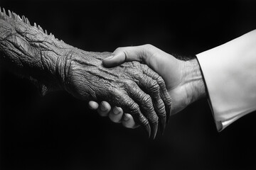 handshake between human and and alien swamp beast making an agreement in black and white