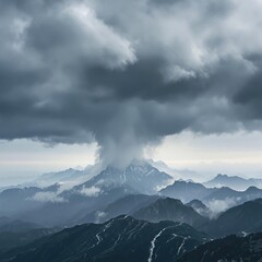 A dark cloud of smoke hangs low over a scenic mountain range on a misty day, environmental damage, dark cloud, smoggy atmosphere, haze