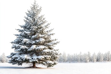 Fototapeta premium An single snow-covered evergreen tree standing by itself in the winter on a white background. Generative Ai