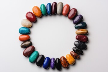 Colorful healing stones arranged in circle promoting holistic health