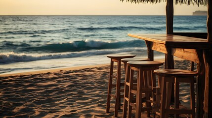 A serene beach bar with empty stools overlooking calm waves and golden sand.