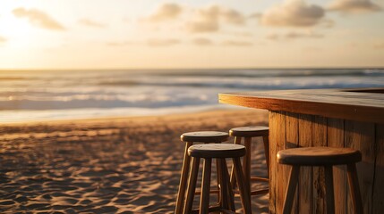 A serene beach bar with empty stools overlooking calm waves and golden sand.