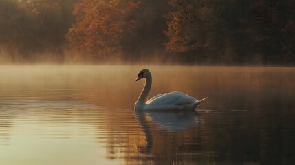 A serene swan gazing into the camera gliding gracefully on a calm lake at sunrise.
