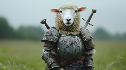 A sheep wearing a knights armor and a tiny sword attached to its back in a lush field.