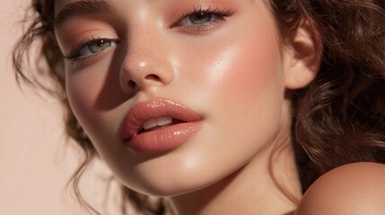 Close up of a womans face showing flawless skin and makeup