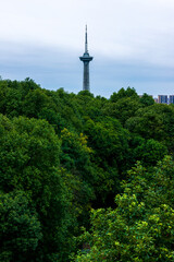 Obraz premium The landmark TV tower is seen from the Bell and Drum Tower in Deyang city, Sichuan Province, China