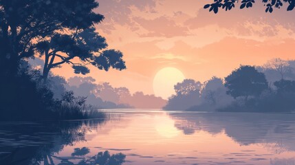 Obraz premium Serene Sunset Over Calm River Landscape With Trees