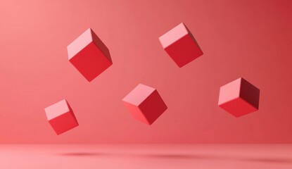 Fototapeta premium Five red cubes floating against a coral background.