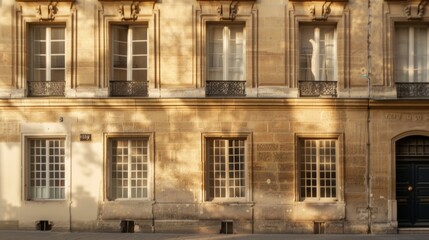 Obraz premium Parisian elegance, contemporary minimalist building, complete wall with windows and doors, warm sunlight, tranquil urban setting, no people visible.
