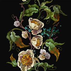Yellow peonies flowers. Embroidery floral style. Vertical seamless pattern. Fashion summer garden template for clothes, t-shirt design