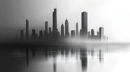 Obraz premium Urban skyline silhouette in misty monochrome with water reflection