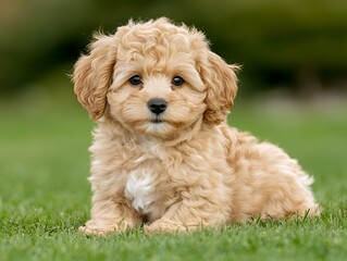 Calm cockapoo with curly fur close-up on a green background