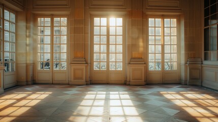 Parisian elegance, minimalist architecture, facing a wall with windows and doors, warm sunlight, peaceful atmosphere, no people present.