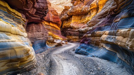 High-end photography of a hidden desert canyon with colorful rock layers and a narrow, winding path