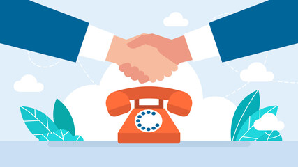 Handshaking on phone concept. Online Communication, two business man handshake on phone, Businesspersons shaking hands through of a telephone. Flat illustration