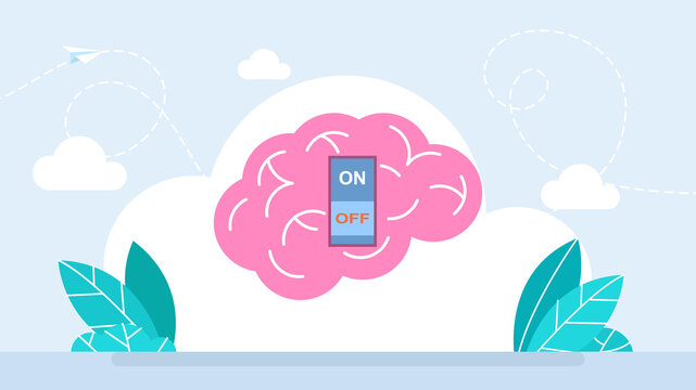 Reduce stress concept, stress management, turning off the switch in the human brain. Brain power switch, turned on working fine, awake. Switch off negative thinking concept. Flat illustration - Powered by Adobe