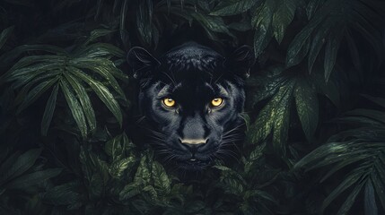 A sleek black panther gazing intensely into the camera its golden eyes glowing in a dense jungle.