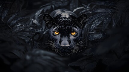A sleek black panther gazing intensely into the camera its golden eyes glowing in a dense jungle.