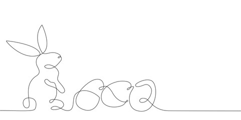 Continuous one line drawing of Easter Bunny and eggs. Cute rabbit silhouette with ears in simple linear style for spring design greeting card and web banner.