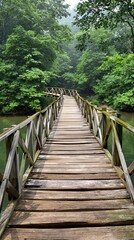 A peaceful wooden footbridge crossing a calm river in a lush green forest, greenery, nature, wooden bridge, river