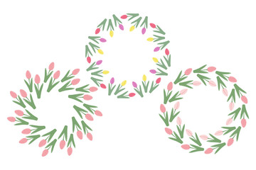 Multicolored Tulips in trendy spring shades Circle Frames. Copy space Template design concept Set 3