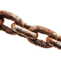 Fototapeta premium Rusty Chain Links Isolated on White Background Corrosion Decay Old Metal Strength Weakness Connection Security Industrial Concept Close Up Detail Macro Photography Heavy Duty Chain Symbol of