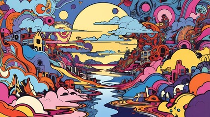 Psychedelic colorful hand drawn doodle illustration background for poster and banners