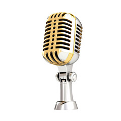 Fototapeta premium Retro Style Gold and Silver Microphone Isolated on White Background Music Recording Broadcasting Journalism Podcast Concept Vintage Microphone for Singing Karaoke and Voice Recording Audio Equipment