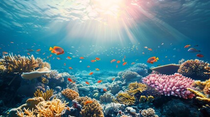 Naklejka premium A beautiful view of the seabed during the day, with lots of coral and sea animals swimming, depicting a peaceful atmosphere.